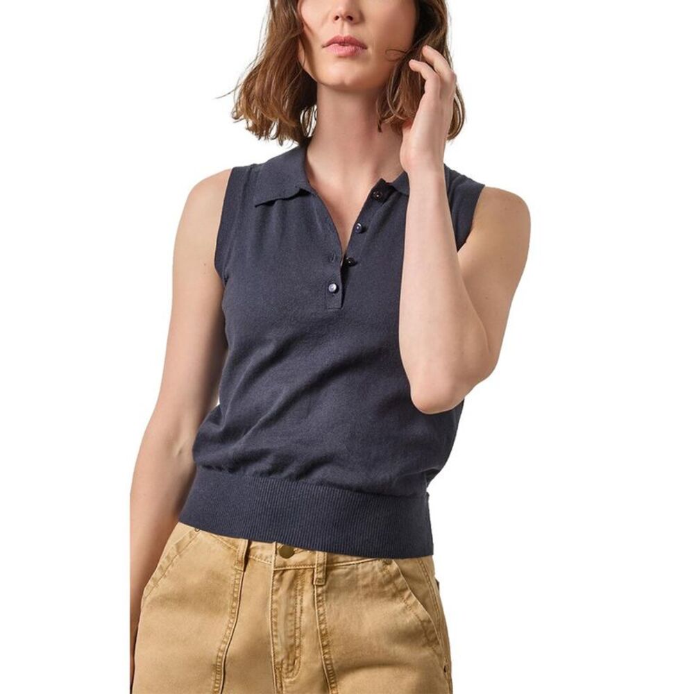 Lilla P Womens Sleeveless Linen-Blend Polo Sweater, Navy